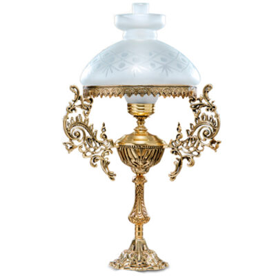 Luminária de Mesa Abajur de Bronze Lampião Flores 1 Cúpula Colonial 23cm com Manga Chaminé de Vidro