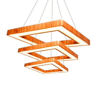 Luminária Pendente de Madeira 3 Aros Quadrados Slim com LED Integrado