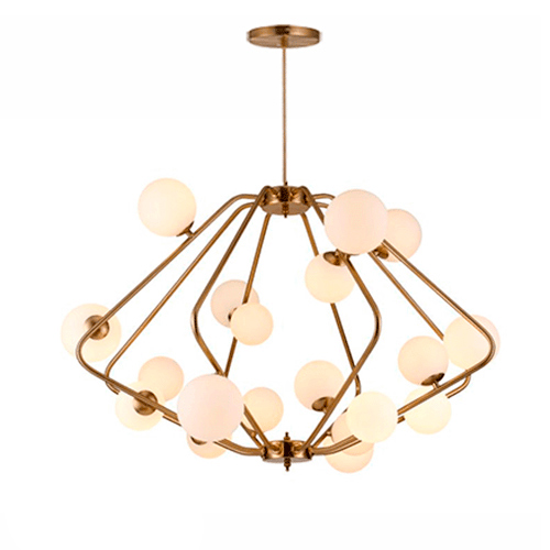 Lustre Moderno Jabu Dourado com 20 Globos de Vidro Leitoso