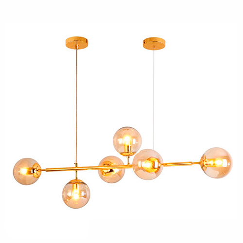 Lustre Moderno Línia Dourado com 6 Globos de Vidro Champagne