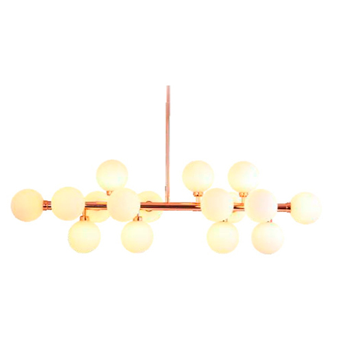 Lustre Moderno Long Rosê com 16 Globos de Vidro Leitoso