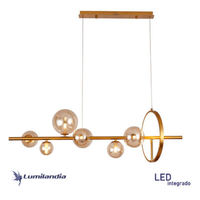 Lustre Pendente Moderno Monkee Tubo Dourado com Globos de Vidro